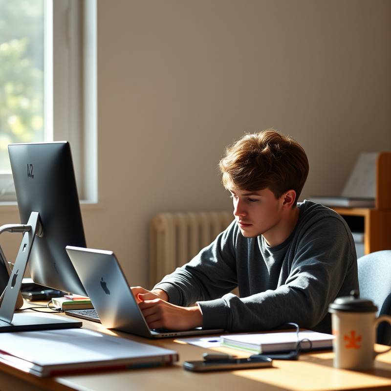 Student studying at a desk with multiple devices.