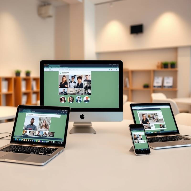 Variety of devices displaying different online learning platforms.